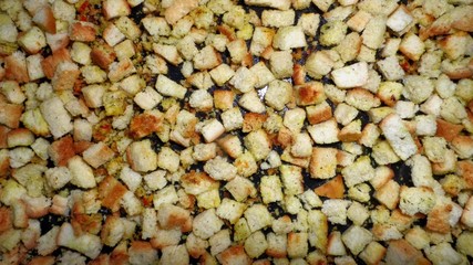 Croutons on a tray. Texture.