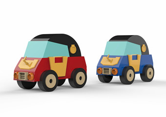 Two cartoon cars on a white background. 3d illustration