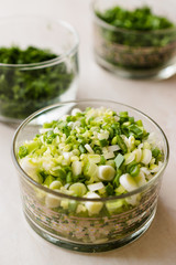 Chopped Chives, Parsley and Dill in Glass Bowls.