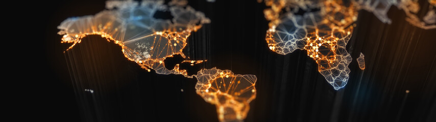 Digital mainlands from space. Cities and countries connected by plexus light lines. Virtual continents. Creative technology, ultra wide background. Concept of transfering information. 3d rendering