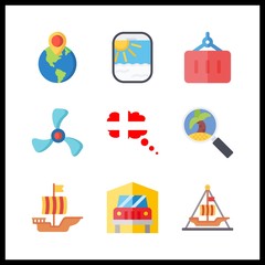 9 boat icon. Vector illustration boat set. porthole and sailing boat icons for boat works