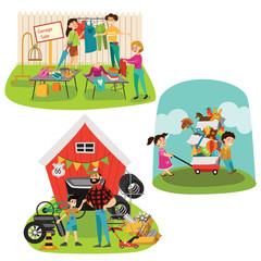 Garage Sale, Sellers sell old goods low price clearing house spring, used clothes and shoes, Man sells spare parts tires for cars. Children bought boxed second hand toys vector illustration