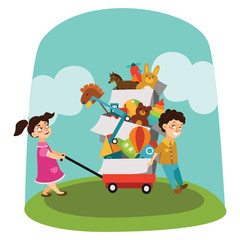 Garage Sale, Boy and girl bought toys at spring sale, children carry cart with boxes used toy, kids sell old used toys, second hand plaything vector illustration