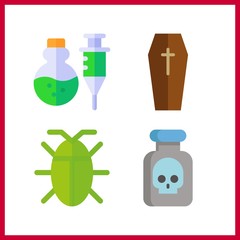 4 death icon. Vector illustration death set. cockroach and poison icons for death works