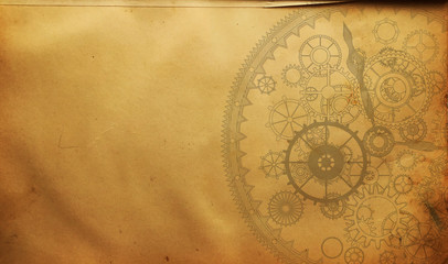 Steampunk compass, background, menu, old retro vintage, frame, cogs, canvas paper