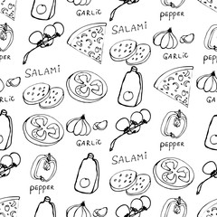 Seamless pattern with hand drawn pizza slices.