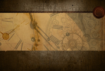 Vintage clock steampunk frame background, watches, cogs, gears, old retro