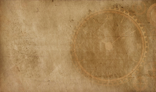 Vintage clock background, old time retro steampunk canvas paper map