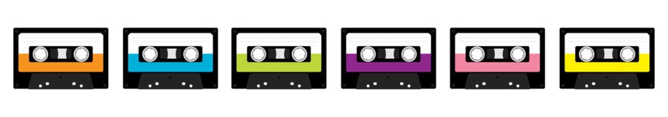 Plastic audio tape cassette. Retro music icon set line. Recording element. 80s 90s years. Different colors template. Flat design. White background. Isolated.