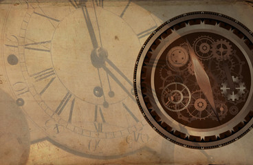 Vintage clock background, old time retro steampunk canvas paper map