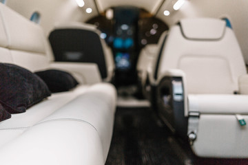 Business jet aircraft interior with leather seats