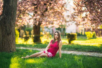 Young girl sitting on the grass and hold a sakura flowers in her hands. Background of pink bokeh of sakura trees