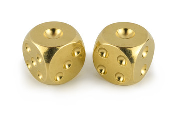 Two golden dices closeup isolated on white background.One and one side view.