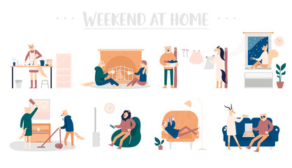 Set of young men and women spending weekend at home. Talk by the fireplace, cook together food, wash things, clean the apartment, watch TV, read a book and eat together pizza concepts in cartoon