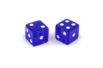 Two purple glass dice isolated on white background. Two and four.