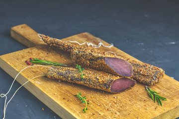 Jerky, basturma, dried meat beef, meat smoked jerky