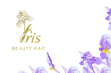 Iris flower logo in the style of engraving. Beauty logo.  Beauty Bar. Business cards design template. Romantic design for natural cosmetics, perfume, women products.