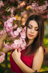 Portrait of beutiful girl in sakura tree. Sakura flowers surround the girl. Sakura branch by her face