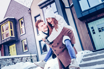 Couple feeling memorable while walking on winter morning