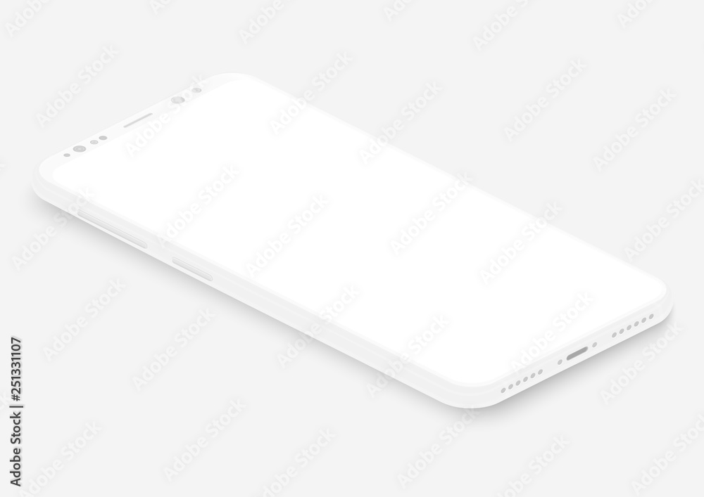 Aufkleber Isometric white vector smartphone. 3d realistic empty screen phone template for inserting any UI interface, test or business presentation. Perspective view floating soft mock up design.