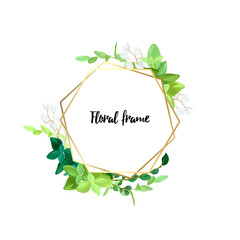 Hexagonal gold frame with white flowers, eucalyptus leaves and succulent plants. Modern minimalistic vector design.