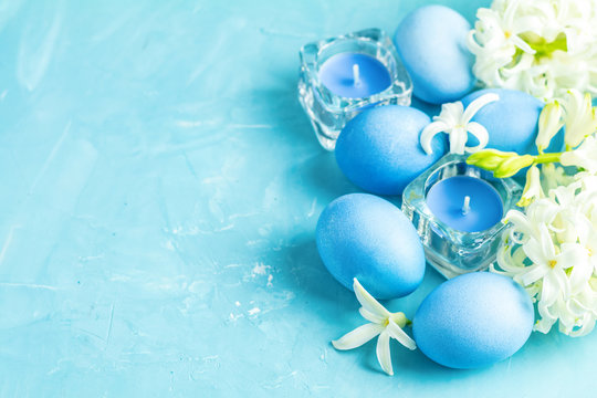 Festive background, Happy Easter greeting card in blue style