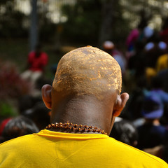 Shaved head of a HIndu devotee at Thaipusam festival.