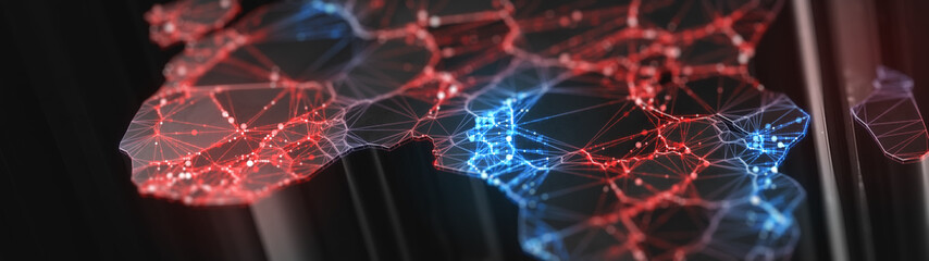 Digital mainlands from space. Cities and countries connected by plexus light lines. Virtual continents. Creative technology, ultra wide background. Concept of transfering information. 3d rendering © S.Gvozd