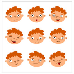 Funny faces of a little boy with different emotions in a cartoon style isolated on white background