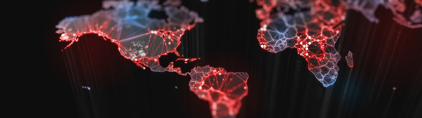 Digital mainlands from space. Cities and countries connected by plexus light lines. Virtual continents. Creative technology, ultra wide background. Concept of transfering information. 3d rendering