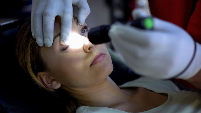 Doctor Shining Light Into Patient Eye, Testing Pupil Reflexes, First Aid Closeup