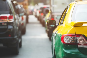 traffic jam in a city street road row of car on express way in rush hour. Traffic lights. parking car. transportation traffic concept.		