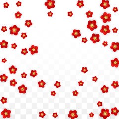 Vector Realistic Red Flowers Falling on Transparent Background.  Spring Romantic Flowers Illustration. Flying Asian Rose Spa Design. Blossom Confetti. Design Elements for Wedding Decoration.