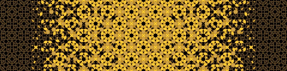 Arabesque black and golden seamless vector pattern. Geometric halftone texture with color tile disintegration or breaking