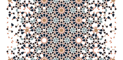 Arabesque seamless vector pattern. Geometric halftone texture with color tile disintegration or breaking