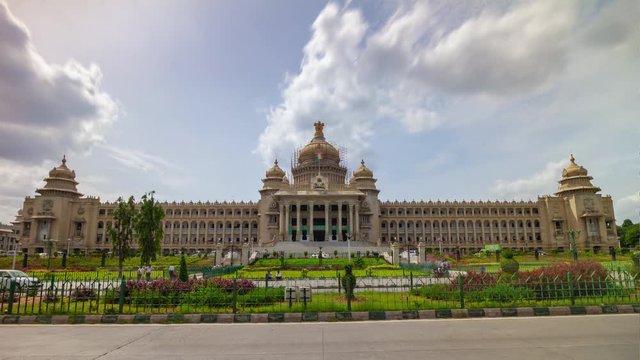 sunny bangalore city famous palace front square traffic street panorama 4k timelapse india