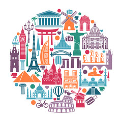 Obraz premium Circle of symbols Icons world tourist attractions and architectural landmarks