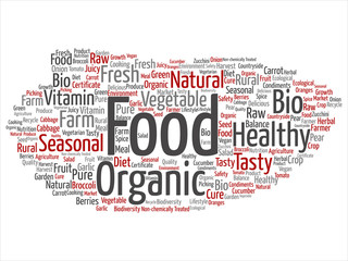 Vector concept conceptual organic food healthy bio vegetables abstract word cloud isolated background. Collage of natural, fresh tasty farm agriculture, certificate ecological garden quality crop text