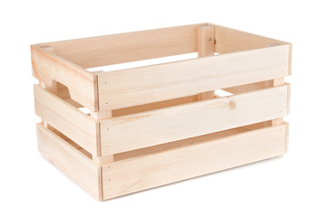 Empty wooden box close up isolated on white background