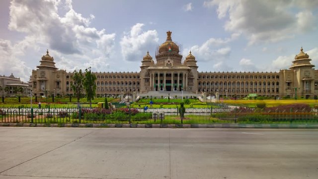 bangalore city famous palace square traffic street sunny day panorama 4k timelapse india