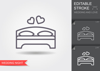 Double bed and hearts. Line icon with shadow and editable stroke