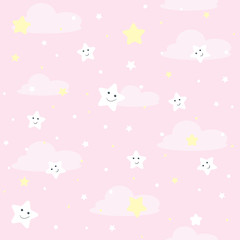 Cute clouds and stars with faces. Cartoon repeat seamless pattern for kids or baby shower. Vector illustration on pastel background. Best for kids, girl or boy.