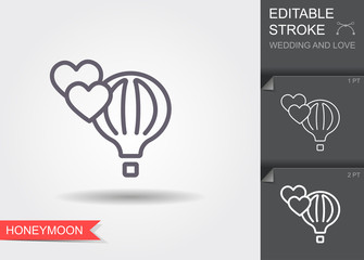 Air balloon and hearts. Line icon with shadow and editable stroke