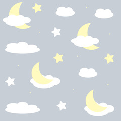 Obraz na płótnie Canvas Cute clouds, moon and stars with faces. Cartoon repeat seamless pattern for kids or baby shower. Vector illustration on pastel background. Best for kids, girl or boy.
