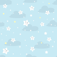 Cute clouds and stars with faces. Cartoon repeat seamless pattern for kids or baby shower. Vector illustration on pastel background. Best for kids, girl or boy.