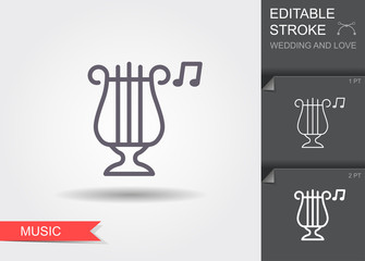 Classical harp. Line icon with shadow and editable stroke