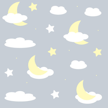Cute clouds, moon and stars with faces. Cartoon repeat seamless pattern for kids or baby shower. Vector illustration on pastel background. Best for kids, girl or boy.