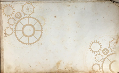 Metallic frame with retro machine gear and cogwheel. Old cogs on vintage steampunk background. Grunge canvas paper.