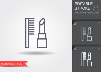 Lipstick and combs. Line icon with shadow and editable stroke