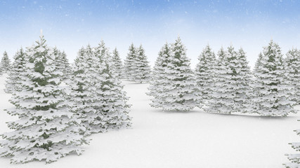 Fototapeta premium Christmas winter landscape background. Falling snow and snow covered pine trees
